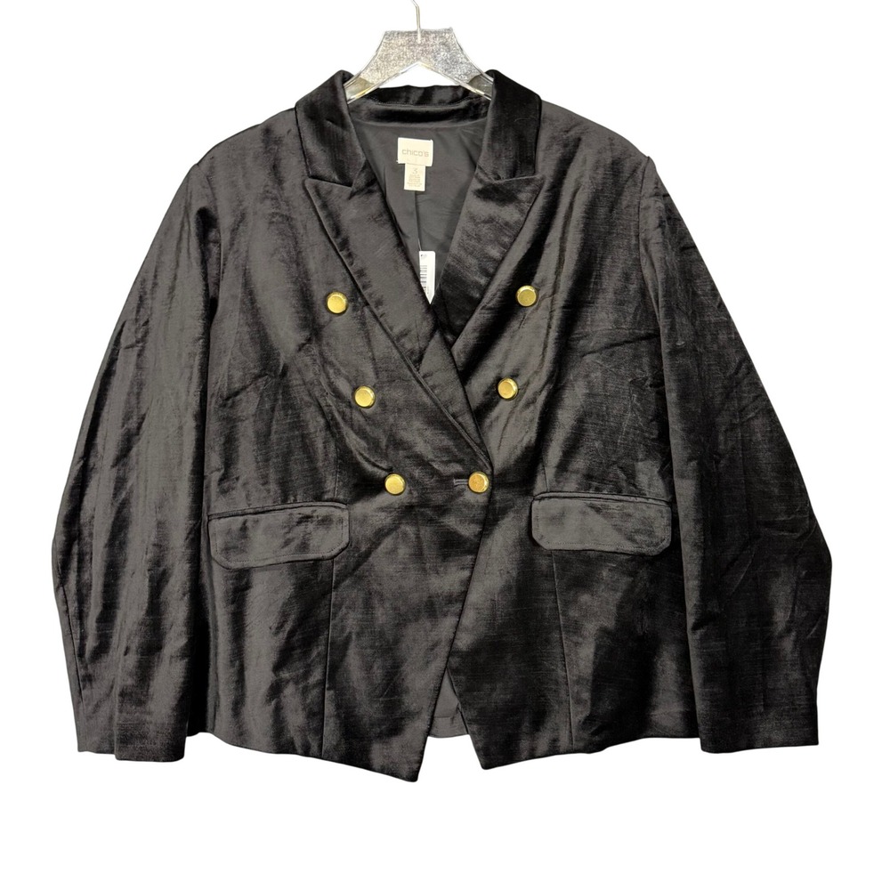 Chicos Blazer 3 Womens 16‎ Black Velvet Velour Double Breasted Gold Button NWT